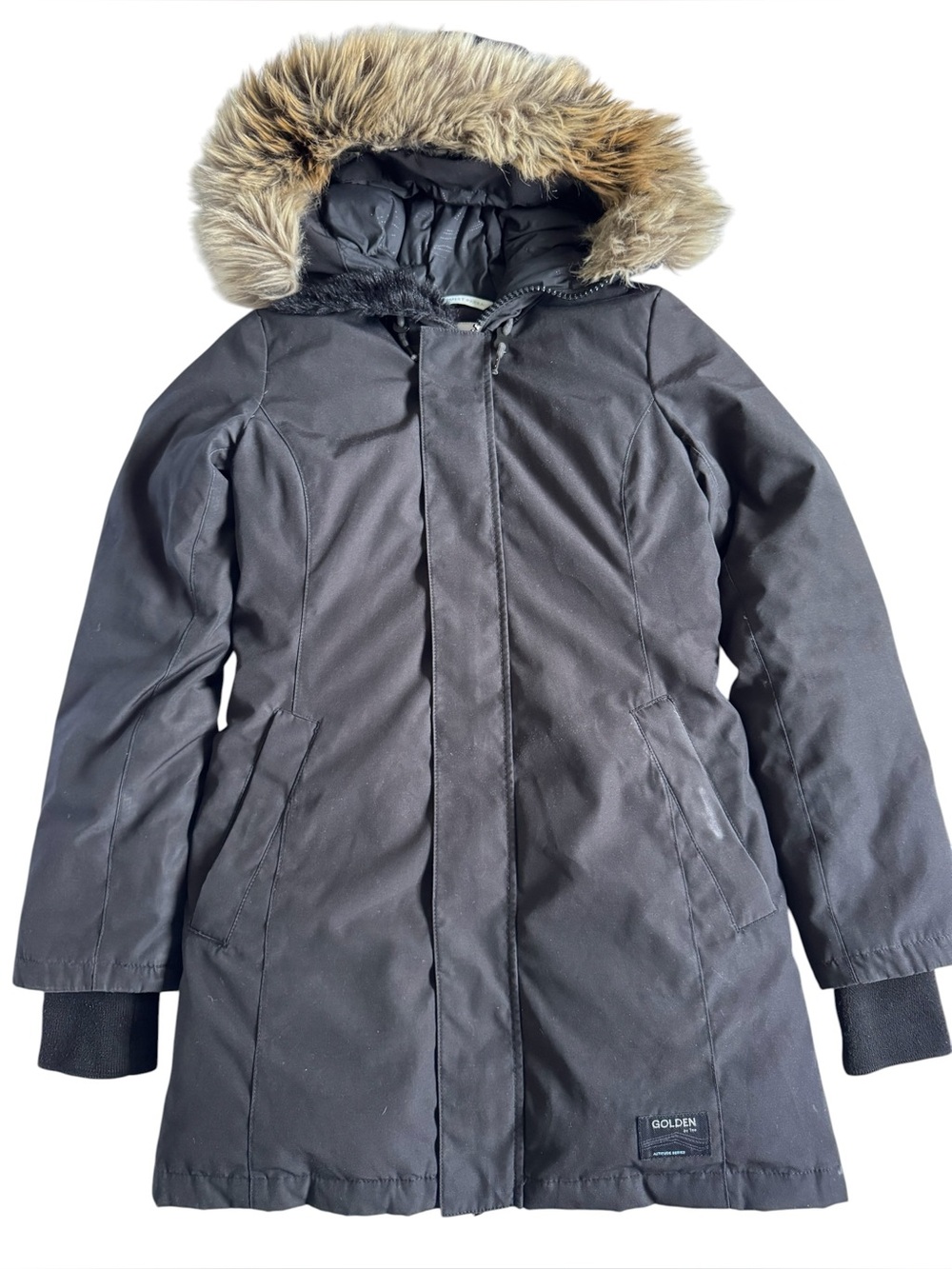 Aritzia Golden by TNA Haven Parka XS Black Goose Down Faux Fur Hood Winter Coat